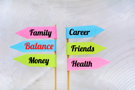 A series of colored banners spell out different aspects of mental wellness: family, career, friends, health
