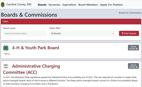 OnBoardGOV Board and Commissions page for Caroline County