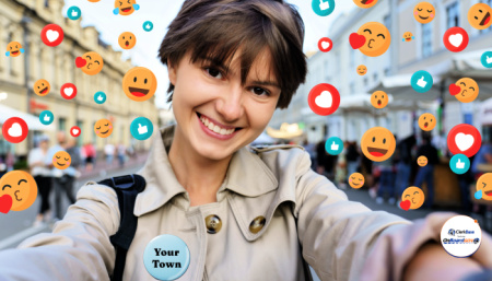 A woman looks into a cell phone camera. In the background is a city street and various emojis