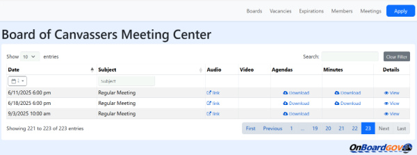 OnBoardGOV meeting center sample shows the public side of a random Board of Canvassers meeting schedule with links to download agendas, minutes and audio