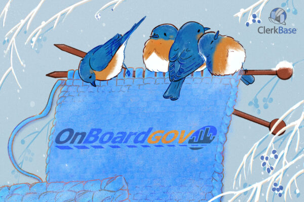 ClerkBase wishes holiday happiness to local government clerks, administrators and their teams. A group of blue and orange birds sit on knitting needles above a scarf with OnBoardGOV knitted into it. Behind them, a gray-blue background with white leaves and blue berries.