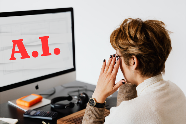 A woman in a white shirt with short dark blonde hair stares at a computer screen with large red A.I. on it.